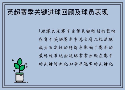 英超赛季关键进球回顾及球员表现